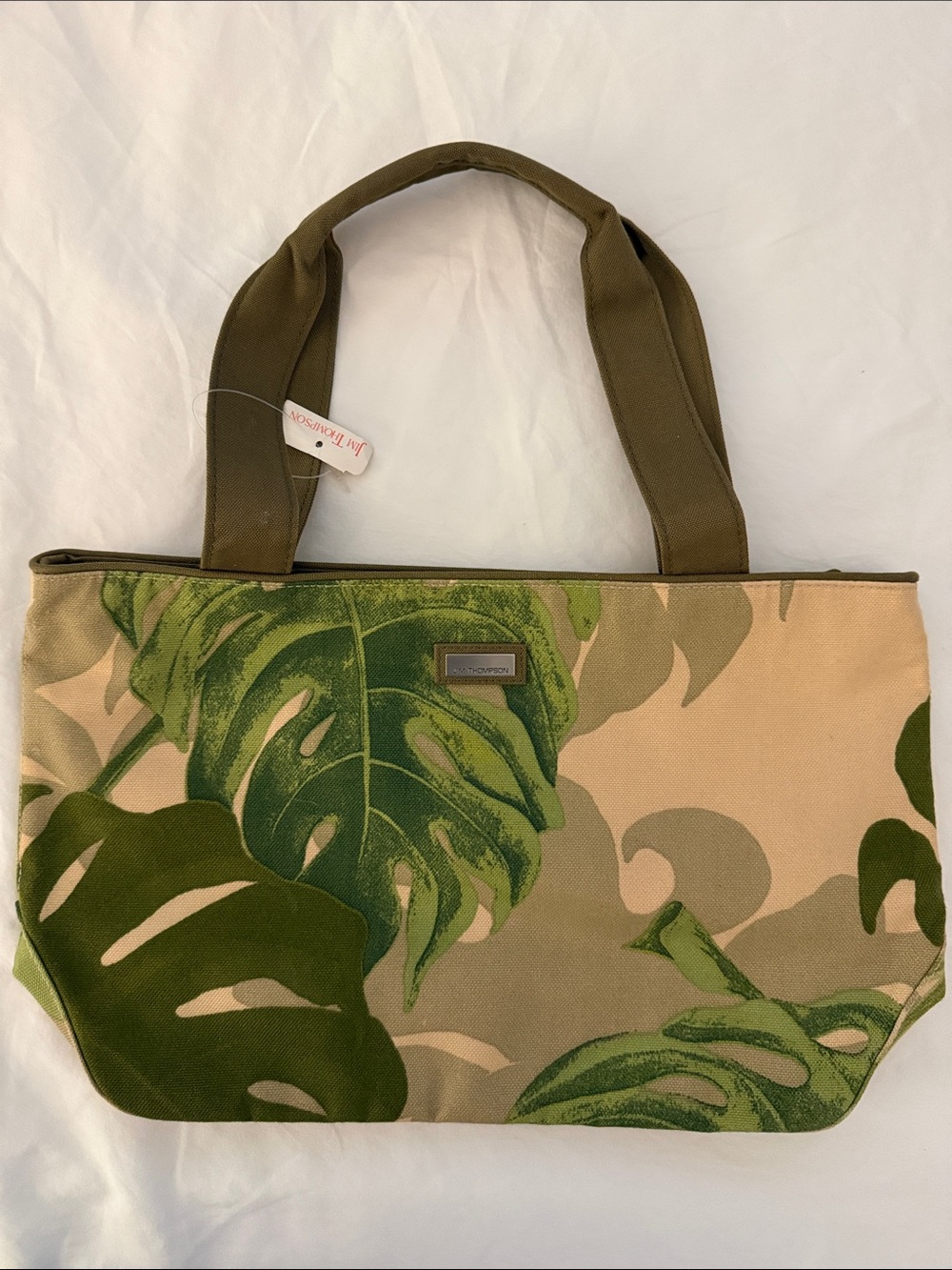 Jim Thompson Olive and Beige Tropical Leaf Canvas Tote